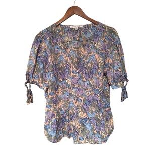 Sweet Rain Floral Cotton Puff Sleeve V Neck Blouse Purple Blue Size 1XL